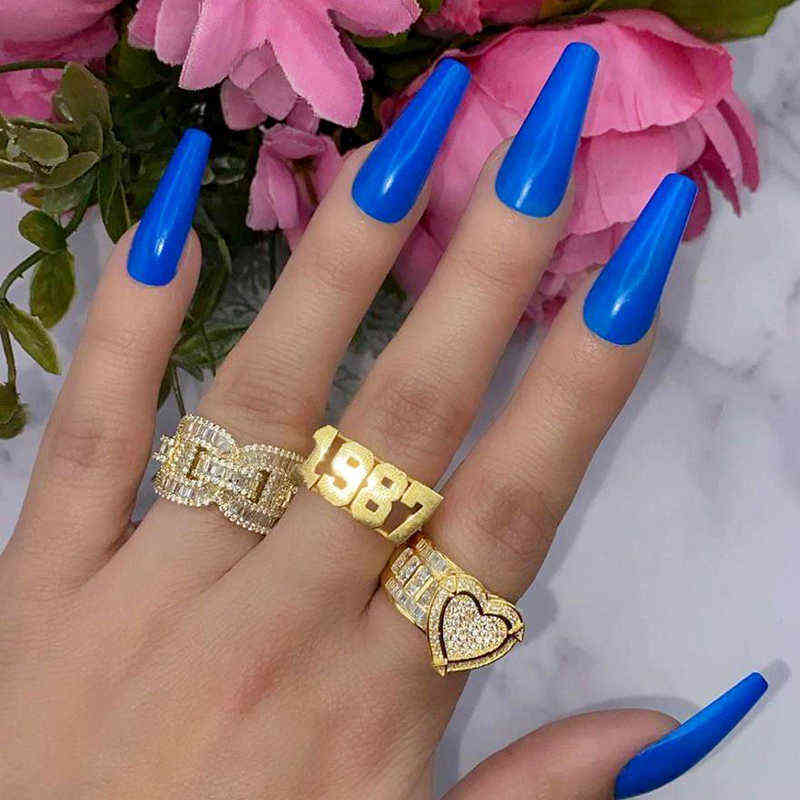 Gold Silver Color CZ Heart Ring Full Iced Out Bling Cubic Zircon Hearts Ring Hip Hop Punk Men Women Jewelry 211123