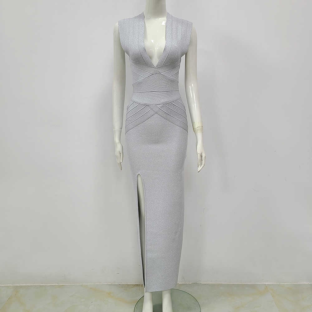 Women's High Quality Grey V-neck Sleeveless Tights Split Long Rayon Bandage Dress Sexy Party Vestidos 210525