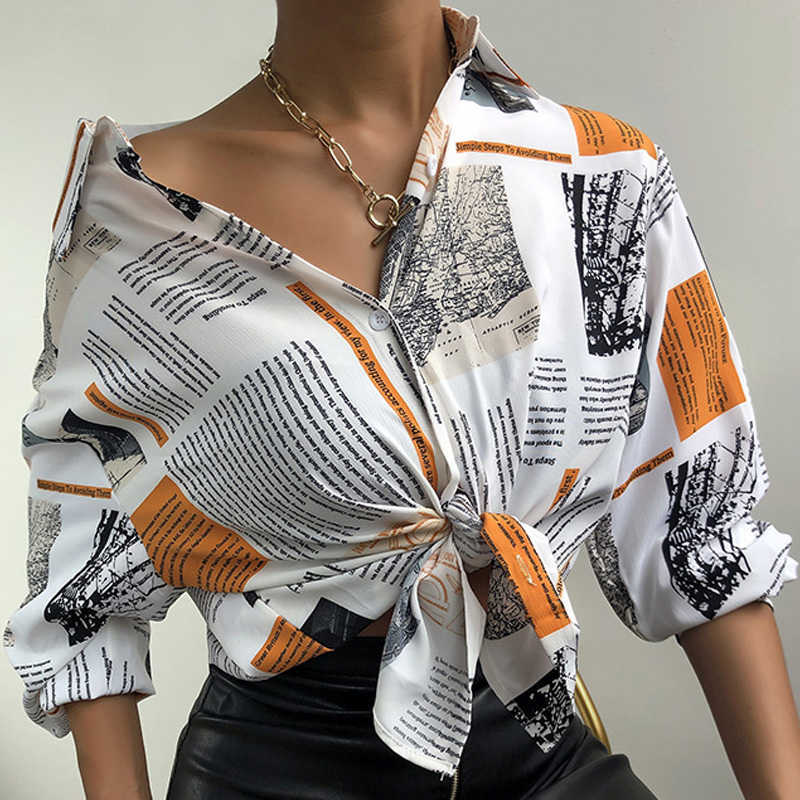 2021 Spring Women Turn Down Collar Newspaper Print Long Lantern Sleeve Button White Retro Casual Shirt Formal Office Wear Blouse Q