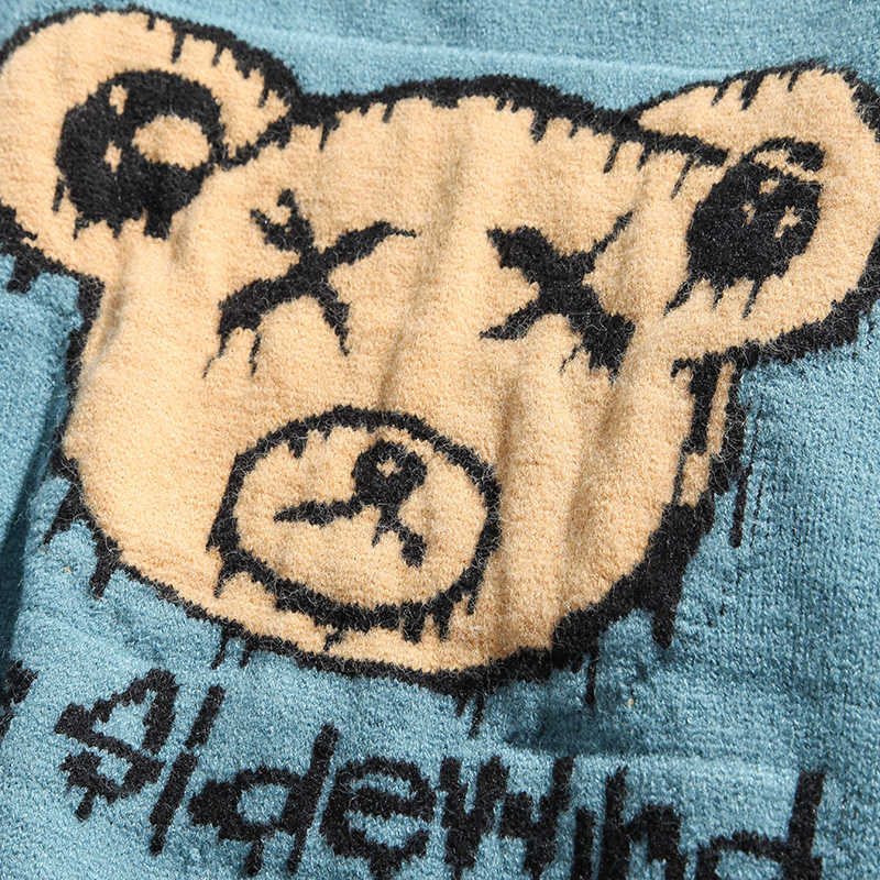 Men Hip Hop Streetwear Knitted Sweater Funny Bear Harajuku Sweater Jumper Casual Pullover Sweater Blue Autumn Spring 211008