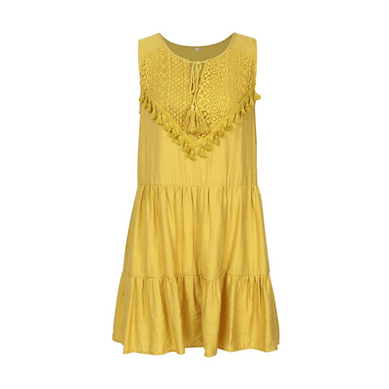 Summer Dresses Women elegant sexy V-neck casual boho sleeveless dress vintage yellow beach lace-up Sundress female clothes 210309