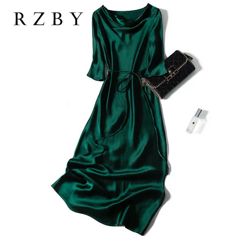Sexy Silk Spaghetti Half sleeve Lace-up Summer Dress Women Satin Long Dress Elegant Party Dresses Plus Size RZBY098 210630
