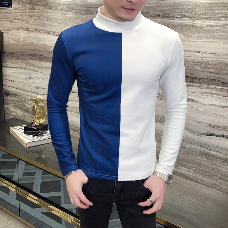 2021 New Black White T-shirt Club Outfits Long-sleeved Turtleneck Homme Slim Fit Tee Contrast Stitching Royal t Shirt Men Dzgt, Blue white splicing
2021 New Black White T-shirt Club Outfits Long-sleeved Turtleneck Homme Slim Fit Tee Contrast Stitching Royal t Shirt Men Dzgt, Blue white splicing