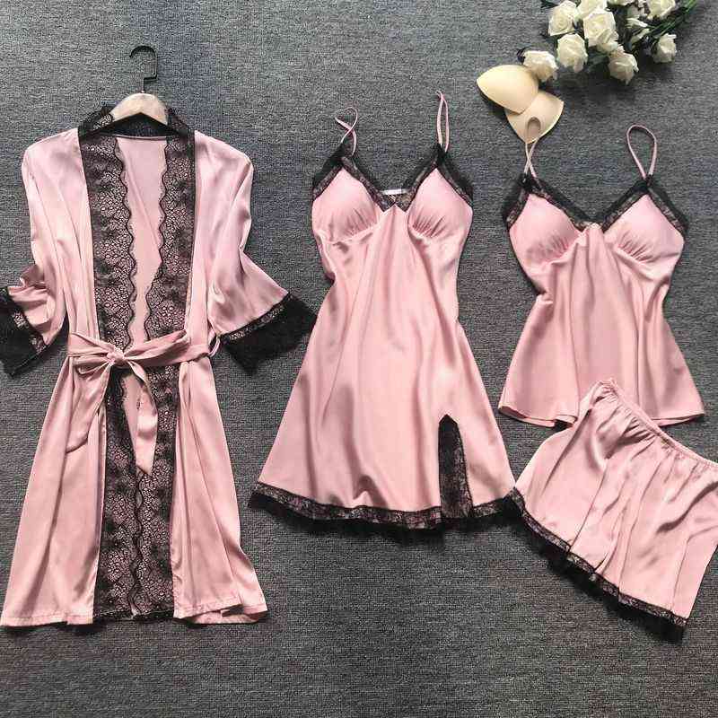 QWEEK pajamas for woman home clothes Silk Sexy Lace Pyjamas Satin Sleepwear Pijama Homewear Summer with Chest Pads 211112wtt