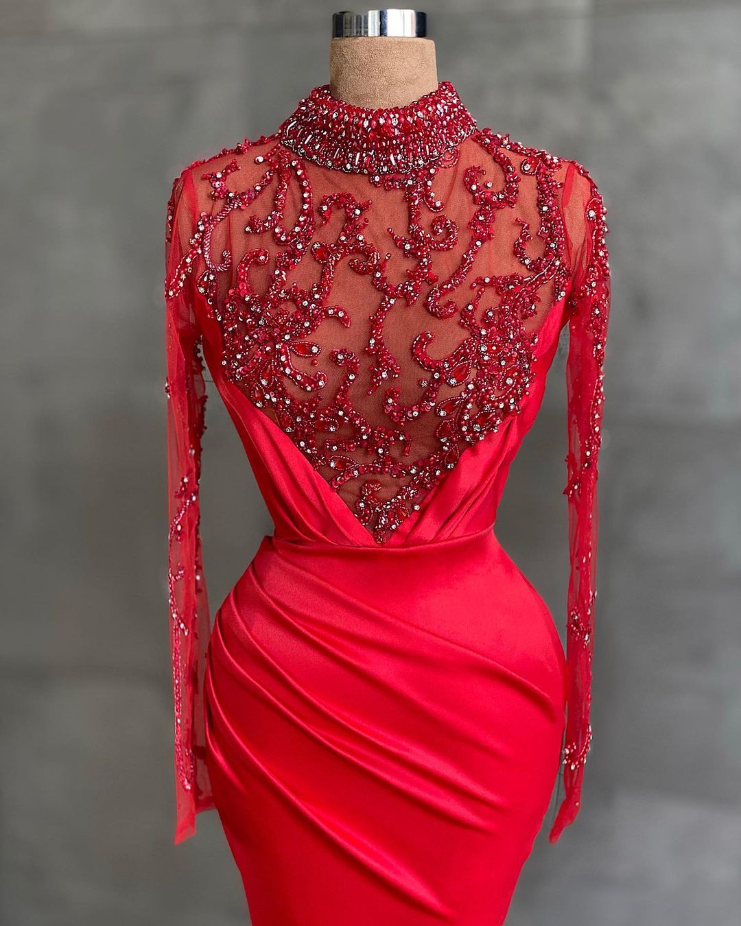 Aso Ebi 2021 Arabic Red Luxurious Mermaid Evening Dresses Crystals Beaded Prom Dresses High Neck Formal Party Second Reception Gowns ZJ688