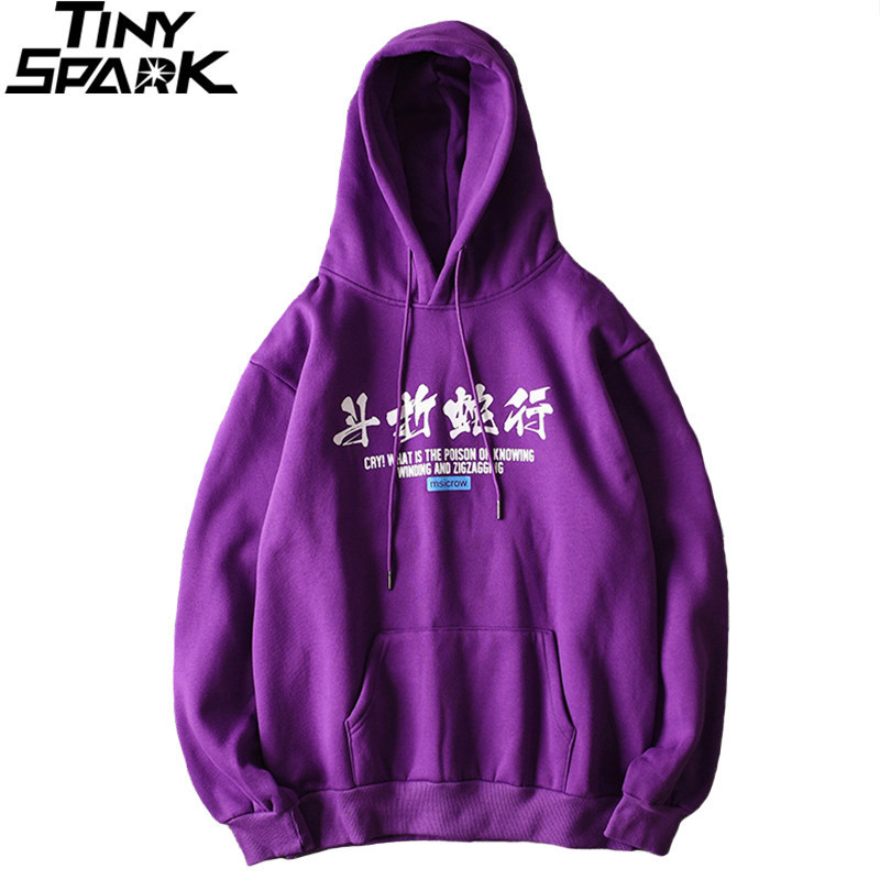 Hip Hop Men Hoodie Sweatshirt Snake Chinese Character Hoodie Streetwear Autumn Winter Fleece Purple Pullover Cotton Hipster 201104