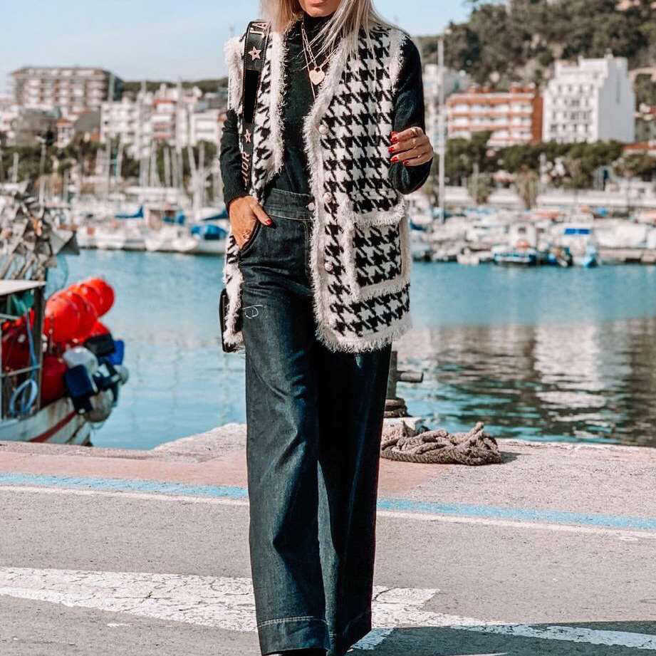 High Quality Houndstooth Faux Mink Fur Women Spring Autumn Single-Breasted Waistcoat Knitted Vest Sleeveless Jacket C-258 210910