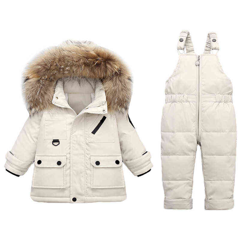 2Pcs Set Winter Children's Down Jacket Fur Collar Baby Girl Clothes Warm Boy Ski Suit Snowsuit Infant Outwear Coat For Babies 211104