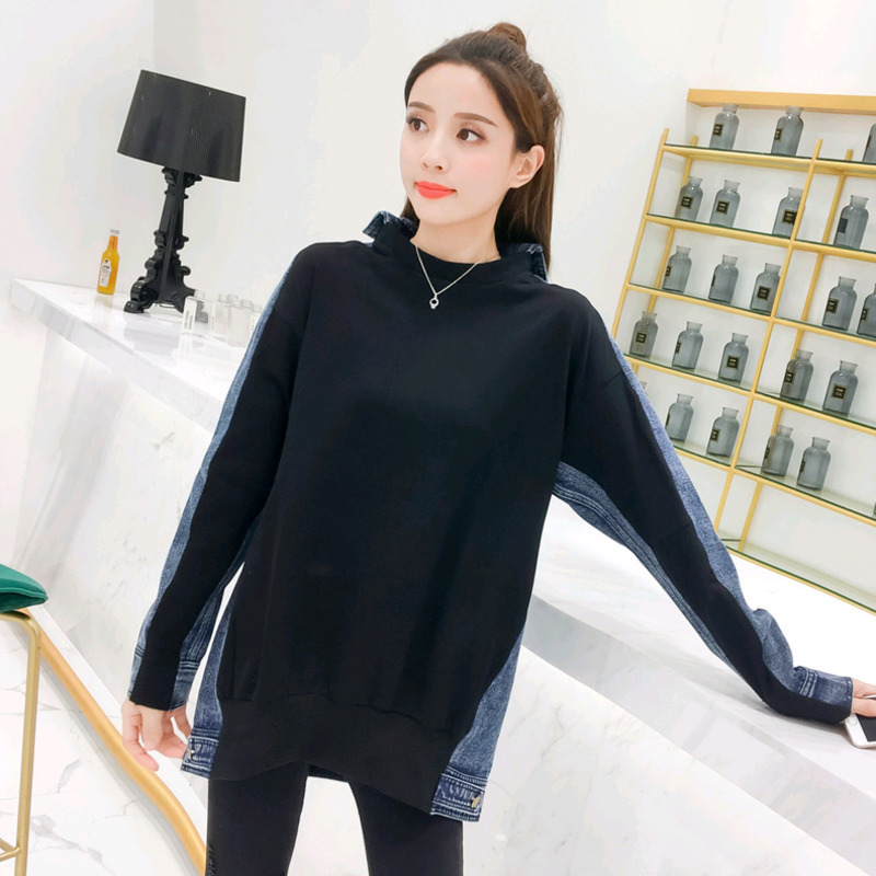 SHENGPALAE New Fashion Autumn Women Denim Splice Sweatshirt Hooded Pullovers Female Casual Oversize Jumper ZA5055 201102