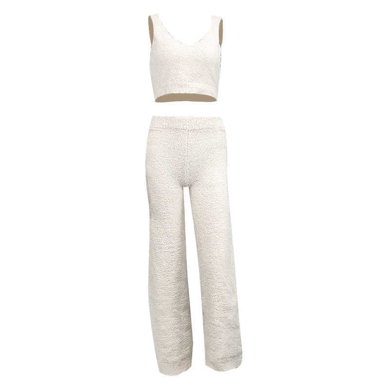 Plush Fluffy Sleeveless Crop Top + Wide Leg Pants Trousers Women Two Pieces Tracksuits Outfits Matching Sets Casual Sweatshirts Y0625