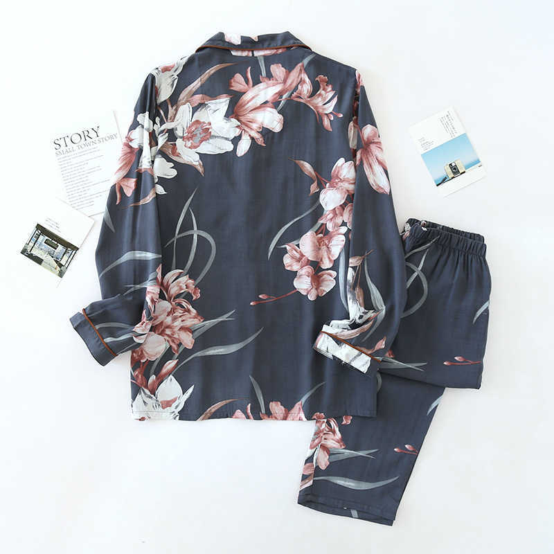 Spring and summer viscose ladies small fresh printed artificial cotton pajamas thin cool flowers long-sleeved home service suit 211007