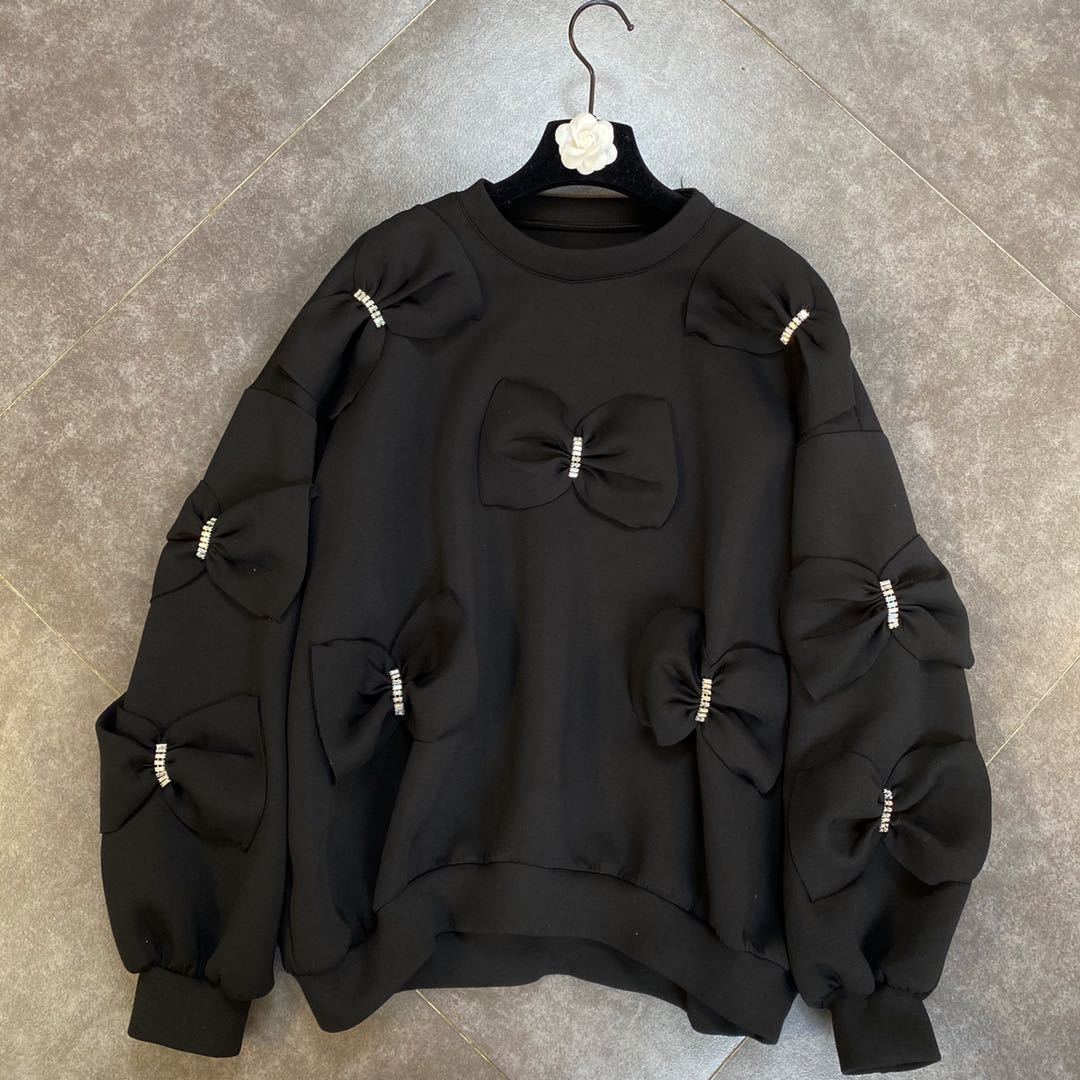 DEAT Autumn New Arrivals Long Sleeve O Neck Diamonds Bow Decoration Cotton Sweatshirt Women Pullovers MK710 201211