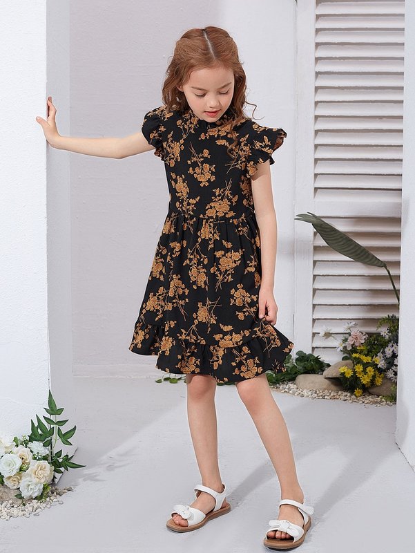 Girls Mock Neck Butterfly Sleeve Floral Dress SHE