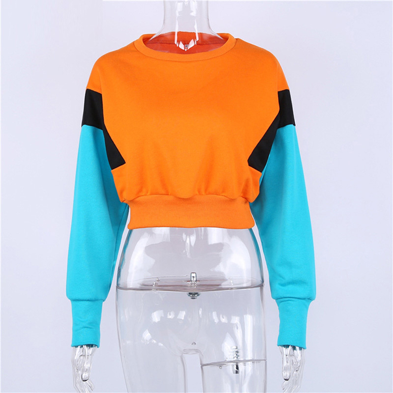 New Women Spring Autumn Cute Pinkycolor Orange Hoodies Long Sleeve Loose Crop Top Sweatshirt Casual Patchwork Pullovers T200525