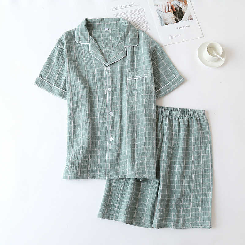 Japanese style summer men's cotton crepe short sleeve shorts pajamas suit comfortable cotton casual home wear pajamas 211019