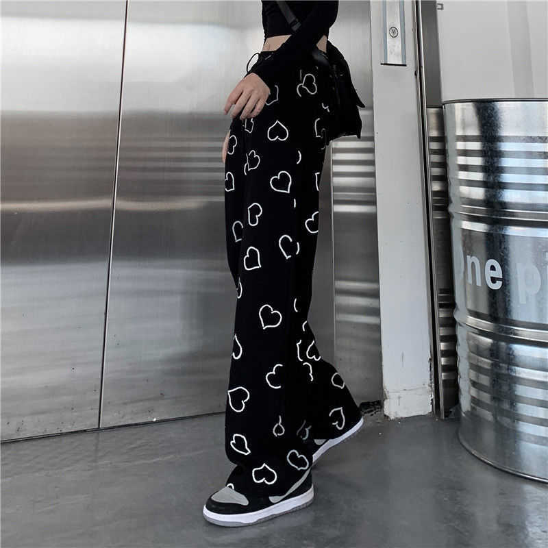 MINGLIUSILI Hip Hop Wide Leg Pant Vintage Korean Style Trousers Women Fashion Spring Harajuku Heart Print Women Pants 211006