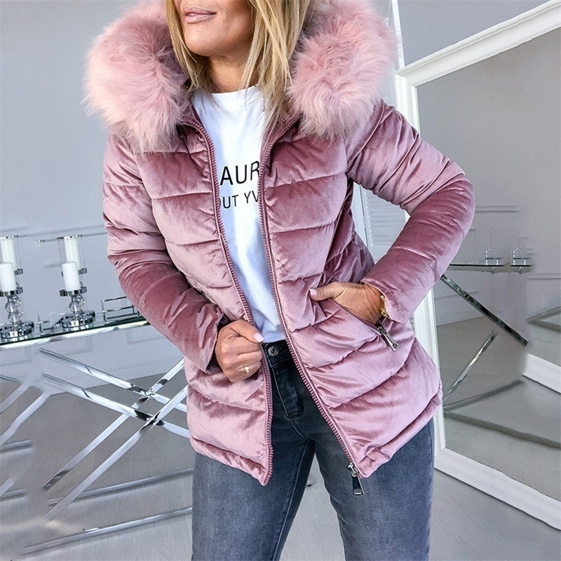 Winter Velvet Jacket Coat Women Cotton Padded Jackets Gray Pink Plus Size 4XL Hood Fur Collar Thick Fashion Basic Snow Outerwear