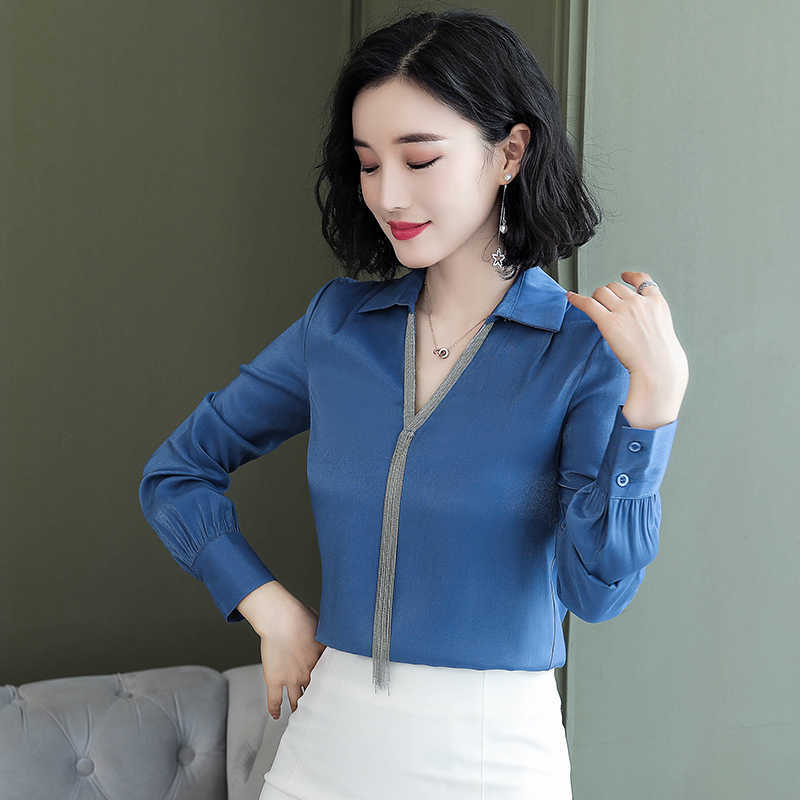 Korean Chiffon Women Shirts Long Sleeve Blouses Elegant OL V-neck Plus Size Blusas Mujer De Moda 210531