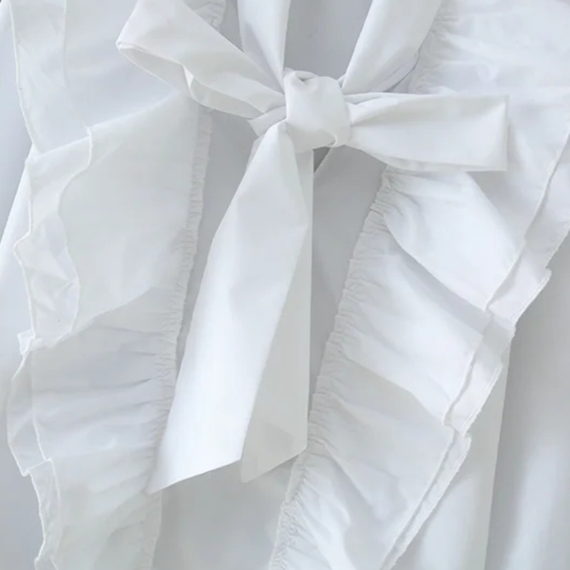 Women Cascading Ruffle V-Neck Bow Tie White Shirt Smock Femme Long Sleeve Blouse Casual Lady Loose Tops Blusas S8089 210225