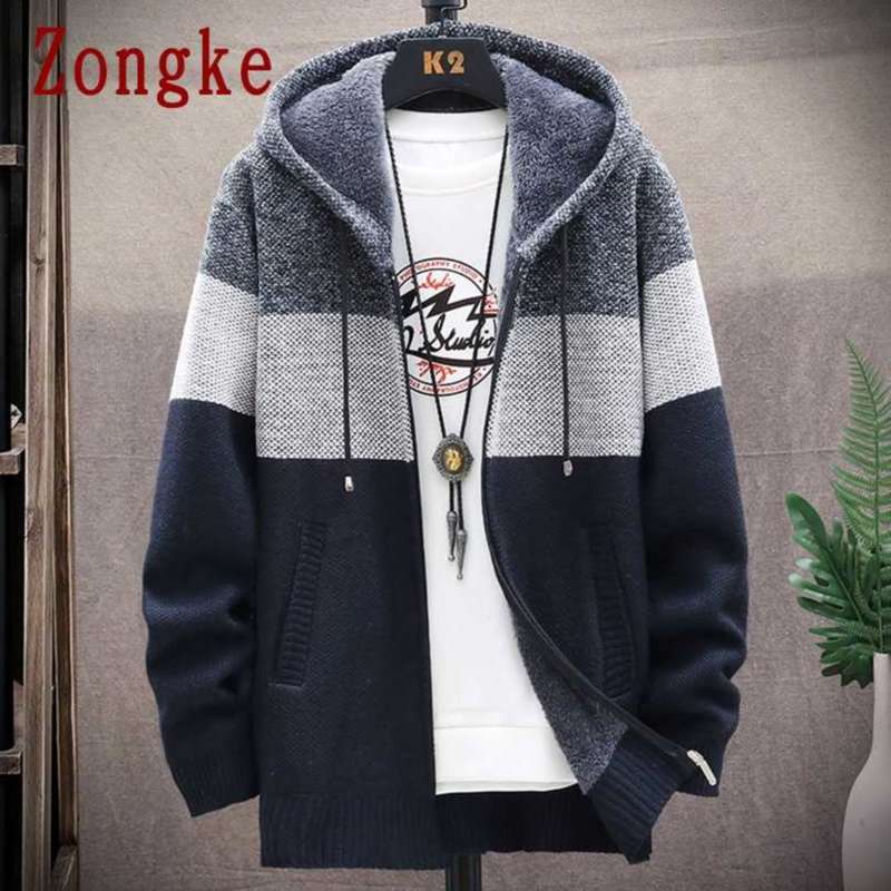Zongke Patchwork Hooded Cardigan Men Clothing Winter Knitted Cardigan Sweater Men Coats Wool Men Sweater Fashion M-3XL 210929