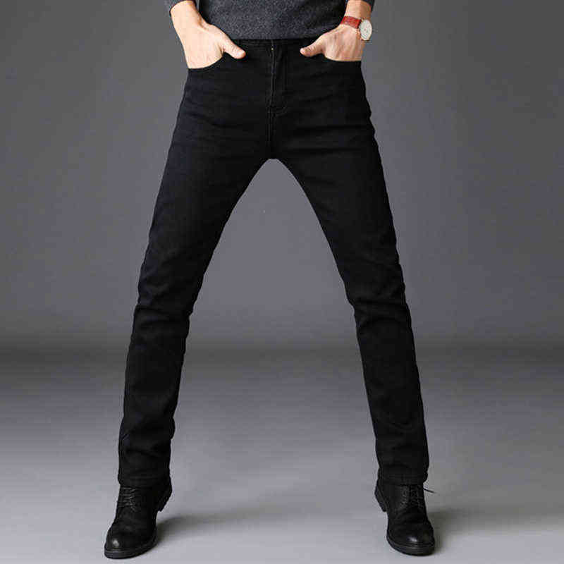 Men Fashion Winter Jeans Black Color Slim Fit Stretch Thick Velvet Pants Warm Casual Fleece Trousers Male 211111