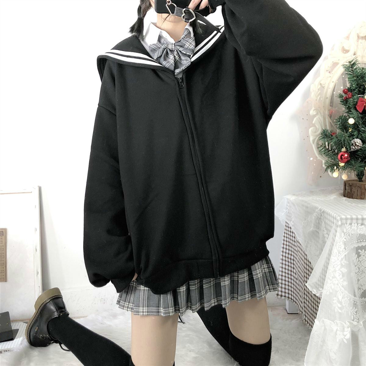 Neploe Striped Sailor Collar Zipper Sweatshirt Cardigan Coat Autumn Winter Fleece Thicken Women Jacket New Top Jumper 55820 201102