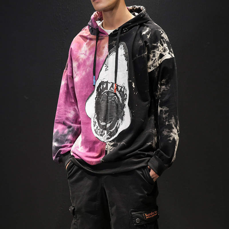 SingleRoad Men's Hoodies Oversized Tie Dye Patchwork Shark Harajuku Japanese Streetwear Hip Hop Hoodie Men Sweatshirt Male 201020