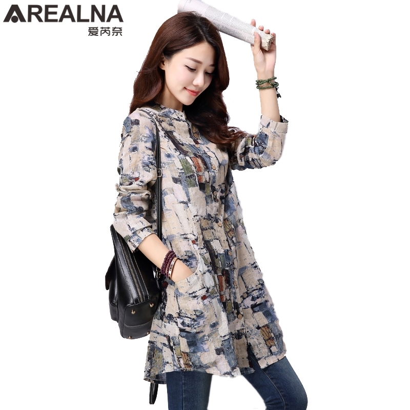 Fashion Cotton Linen Women Blouses Vintage Funky Button Up Shirt Tunic Long Sleeve Floral Print Blouse Female Plus Size Top 210225