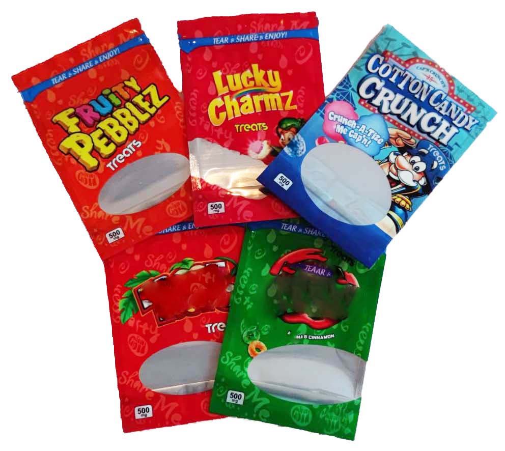 500mg INFUSED cereal edible bags packaging Mylar packing Caramel treats cocoa Fruity Pebblez strawberry shortcake lucky charmz gummies от DHgate WW