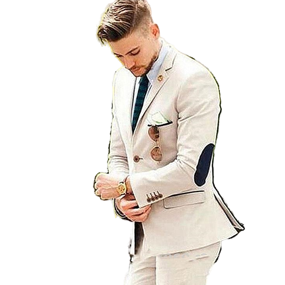 Handsome Beige Mens Suits Wedding Tuxedos Elbow Patches Business Casual Groom Formal Wear Trim Fit Male Blazers 2 Pieces Jacket Pants Man Prom Evening