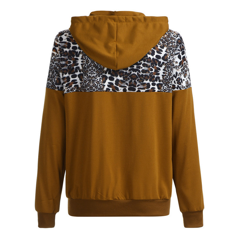 Harajuku Women Leopard Hoodies Sweatshirt Fashion Zipper Pocket Hooded Jacket Outwear Ladies Solid Slim Pullover Clothes Moletom 201102