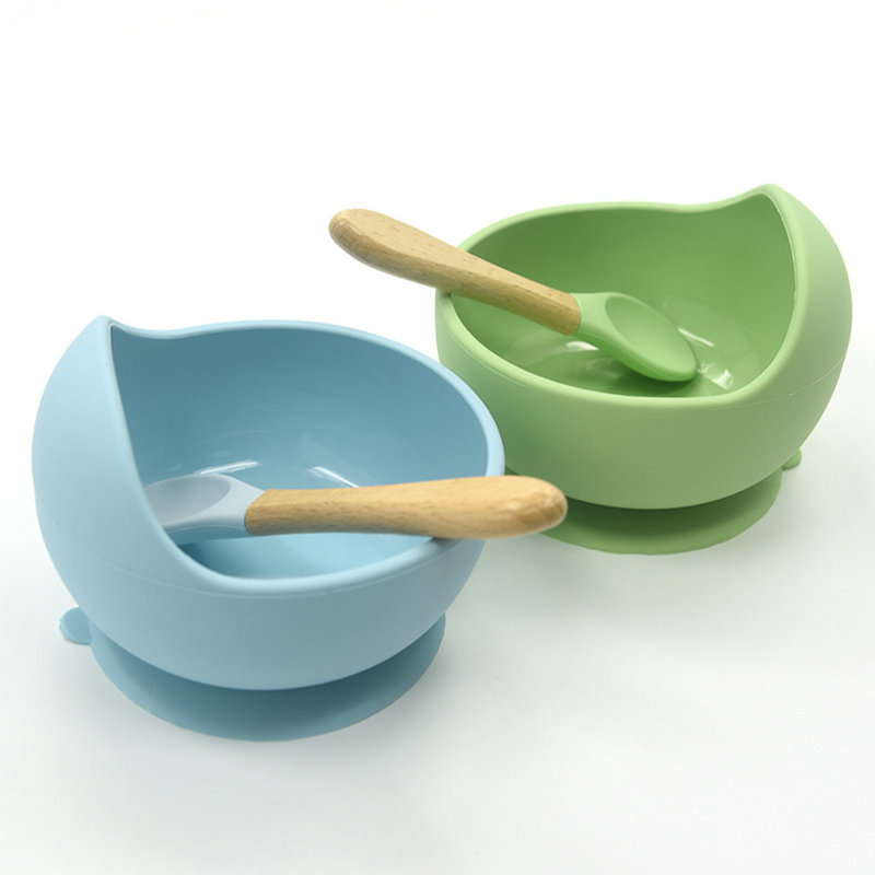 Baby Silicone Feeding Set Wooden Spoon Suction Bowl Baby Plate Kids Toddler Assist Tableware BPA Free High Quality Silicone 210226