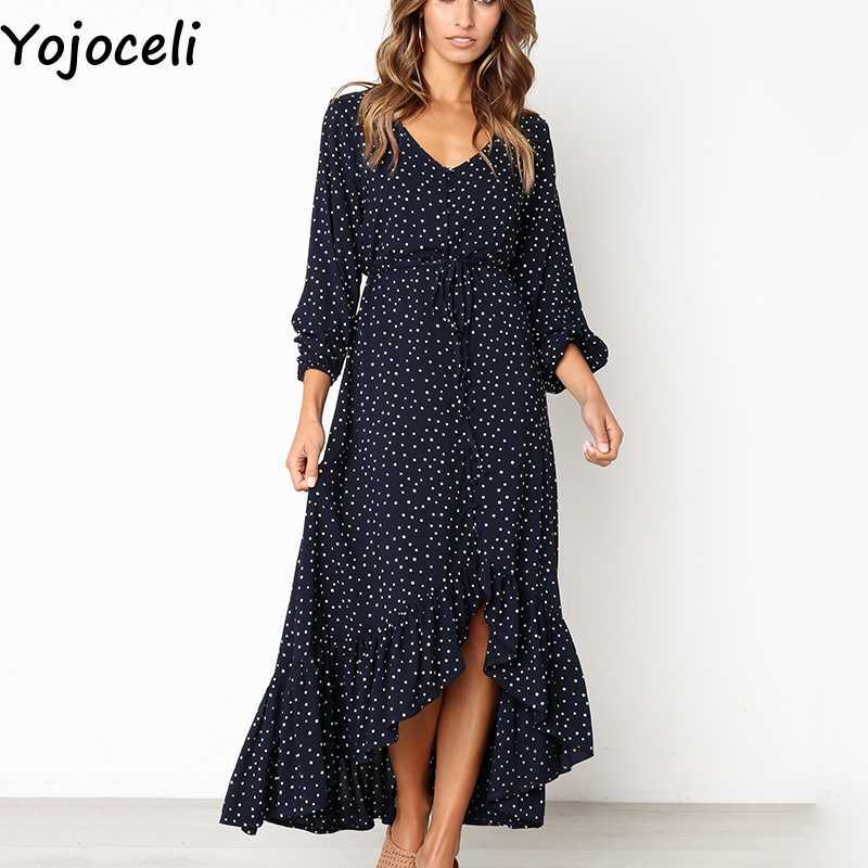 Yojoceli Sexy long ruffle button dres Polka dot sashes summer beach female Casual cool daily maxi vestidos 210609