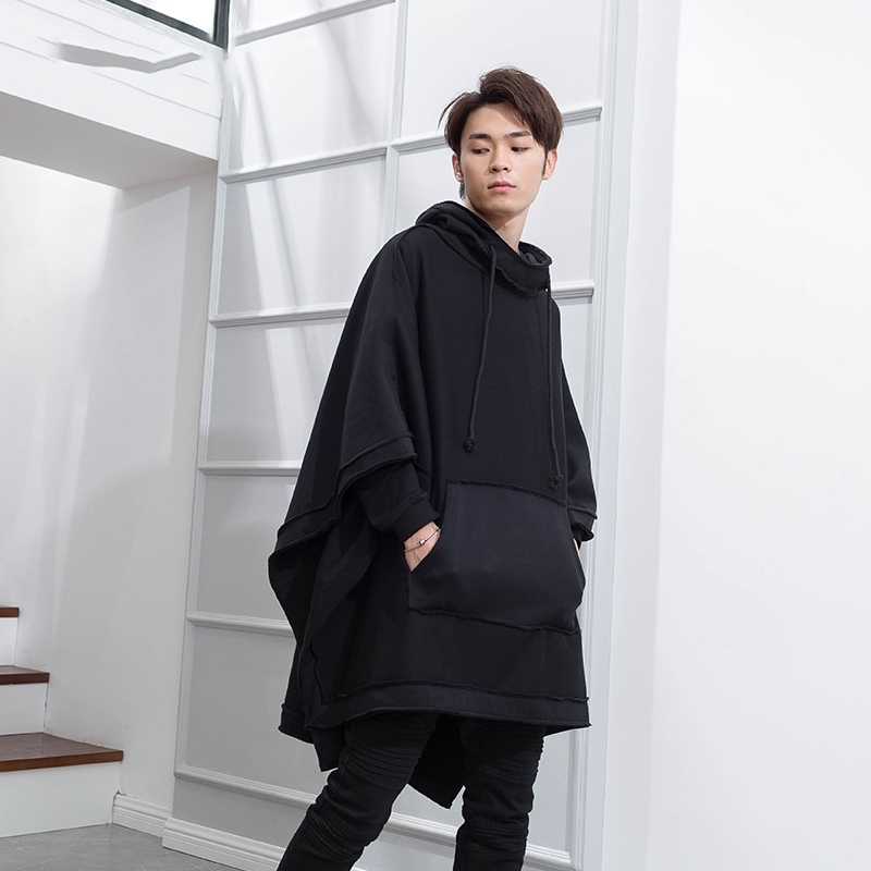 M-4XL Autumn and Winter Men's Loose Bat Cloak Cape Dark Medium Long Fashion Plus Velvet Thick Hooded Jacket 201126