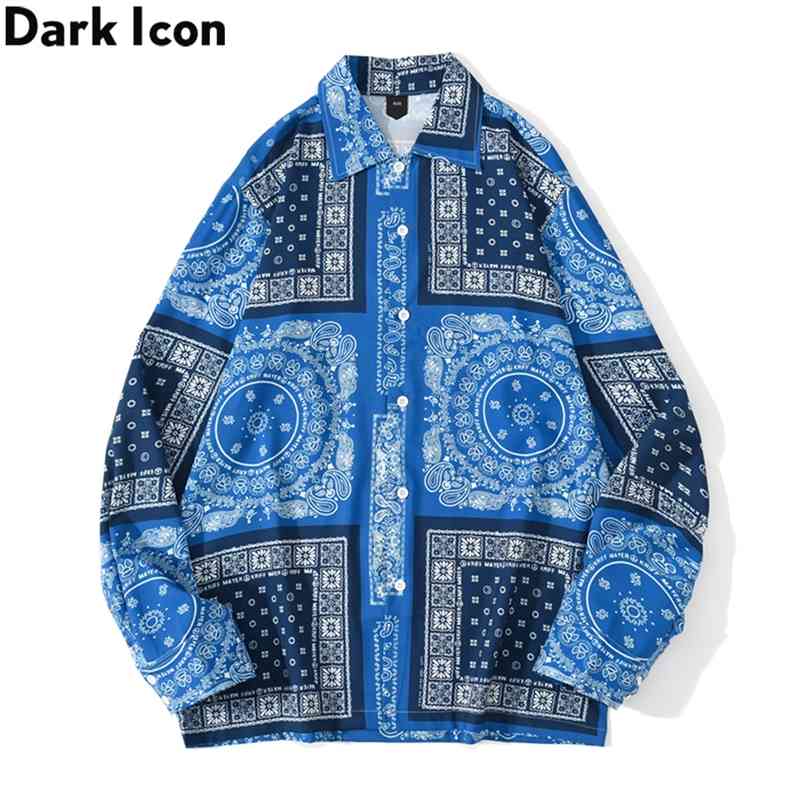 Dark Icon Blue Bandana Shirt Men Turn-down Collar Street Men's Long Sleeved Casual s Man 210721, As photo 
Dark Icon Blue Bandana Shirt Men Turn-down Collar Street Men's Long Sleeved Casual s Man 210721, As photo
