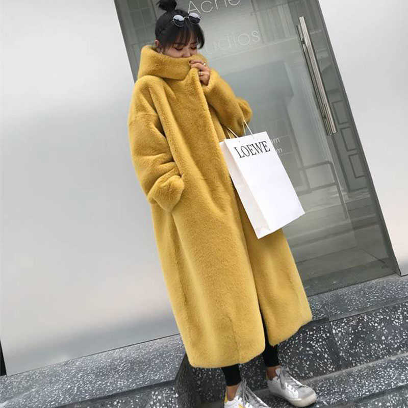 Oversize Hooded Faux Fur Coat Winter jacket Women Fashion Long Parka Thick Warm winter coat women Female Loose Faux Fur jackets 210910