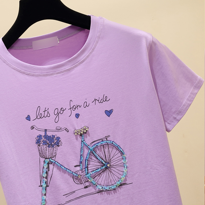 gkfnmt Beading Print Pink T Shirt Summer Short Sleeve Women Top White Tshirt Cotton Korean Style T-shirt Women Clothes 210302