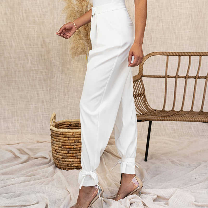 Colysmo Woman White Pants Button Zipper High Waist Loose Lace up Casual Fashion Streetwear Ladies Elegant Trousers 210527