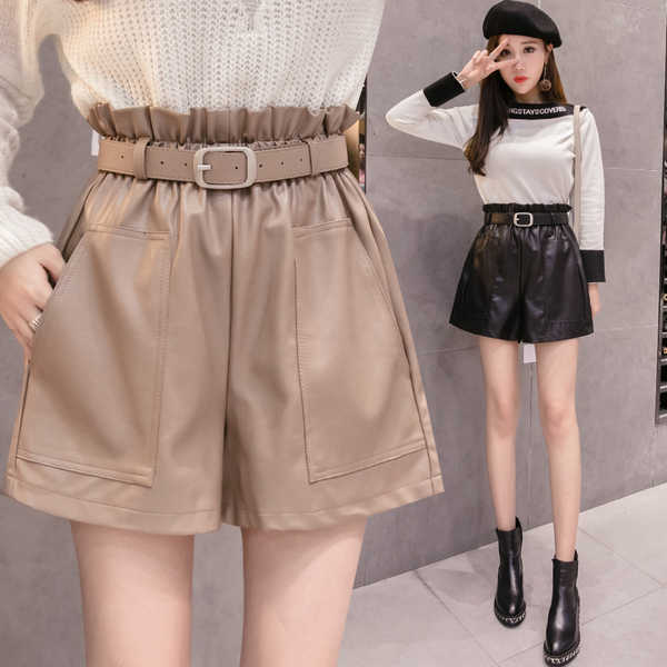 Fashion High Waist Shorts Girls A-line Elegant Leather Bottoms Wide-legged Autumn Winter Women 6312 50 210714