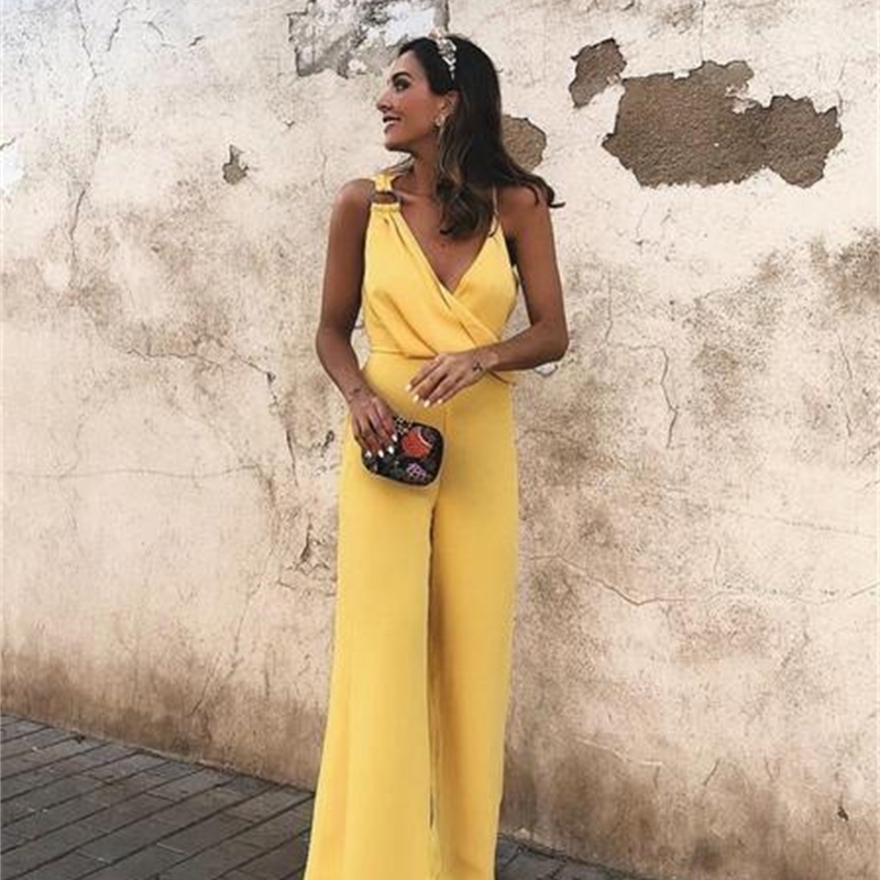 Summer Sexy Deep V Neck Party Jumpsuit Women High Waist Solid Overalls Elegant Sleeveless Long Wide Leg Pants Bodysuit XL T200509