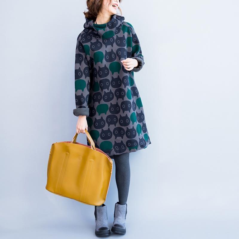 Plus Size Cat Print Hoodies Autumn Winter Kawaii Cartoon Women Vintage Long Hooded Sweatshirt Velvet Thick Hoodie Dress 201113