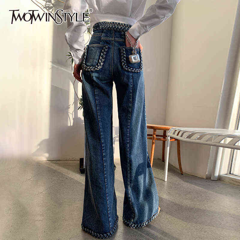 TWOTWINSTYLE Casual Blue Denim Trousers For Women High Waist Loose Straight Full Length Jeans Female Summer Fashion Clothes 211129