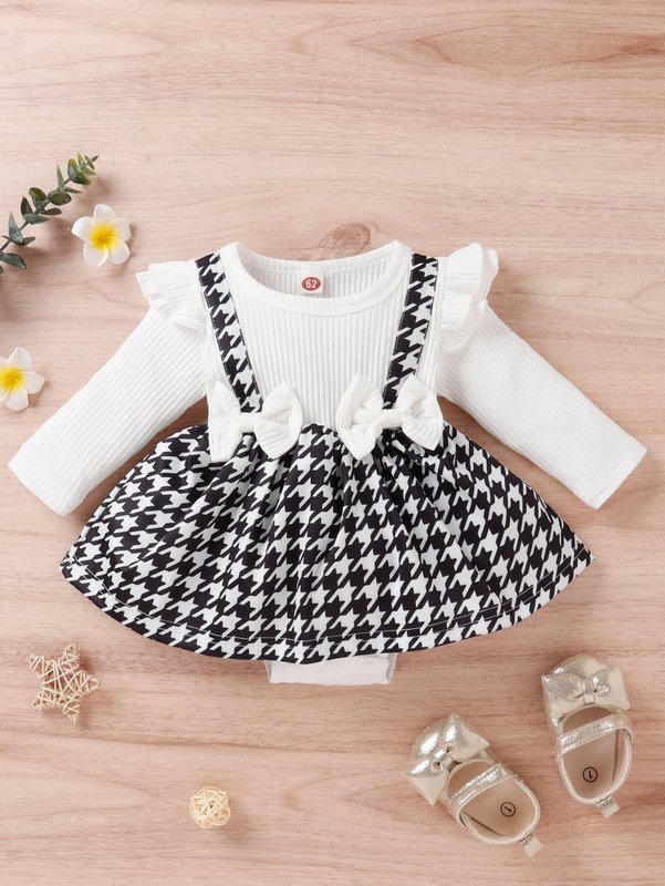 Baby Houndstooth Panel Ruffle Trim Bow Front 2 In 1 Combo Bodysuit Dress SHE