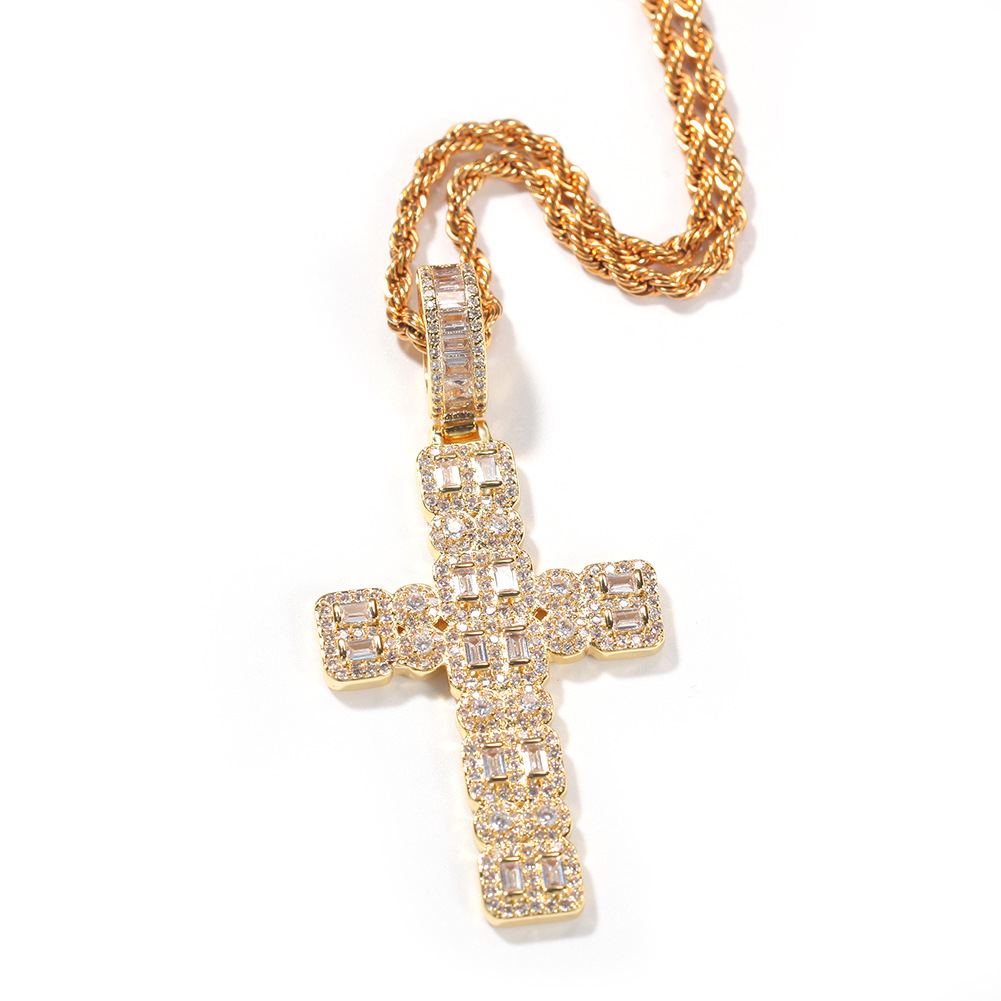 Hip Hop Cross Pendant Necklace Bling 18K Real Gold Plated Shining Crystal Zircon Religious Jewelry Men Women Gift