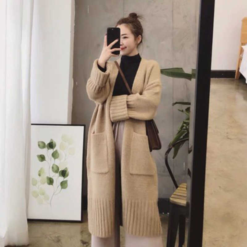 Fall Womens Korean Style Loose Big Pockets Knitted Cardigan Long Fashionable Sweater Winter Thick Casual Mujer 210604