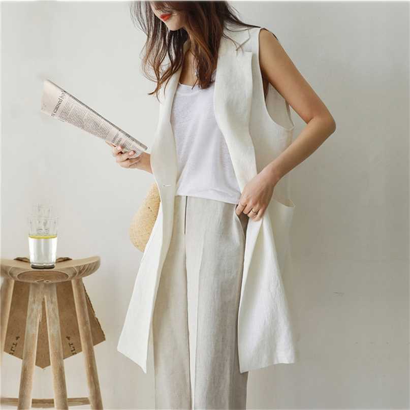M-2XL Single-breasted Loose Simple Vest Jacket White Autumn Spring Sleeveless Suit Waistcoat Linen Long Coat Female QEN009 211120