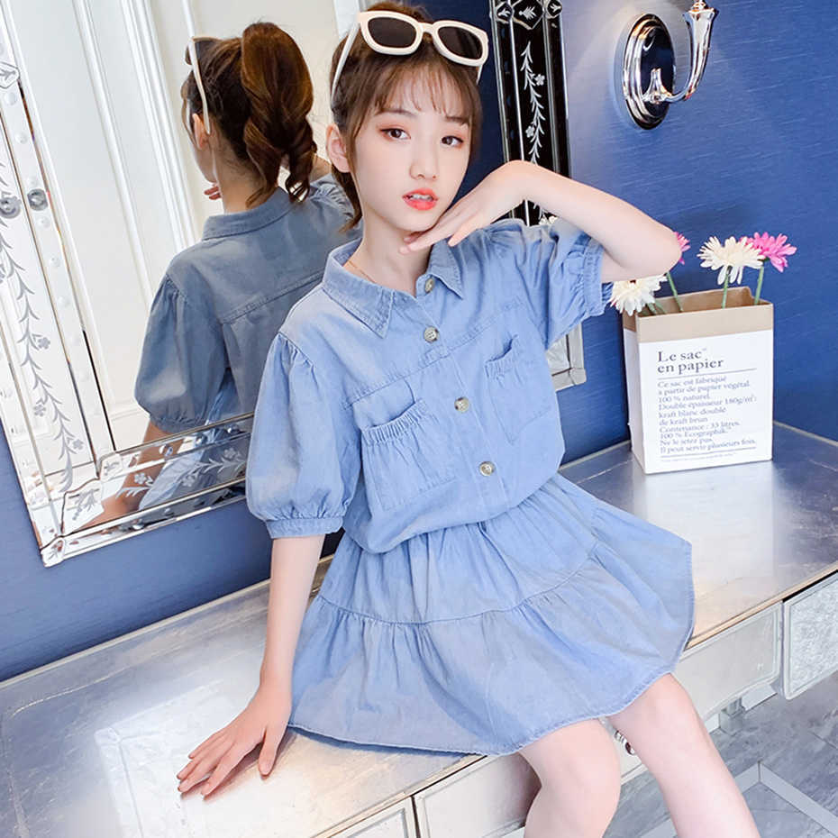 Kids Clothes Girls Denim Tshirt + Short Teenage Clothing Casual Style Sets Summer Children's 6 8 10 12 14 210528