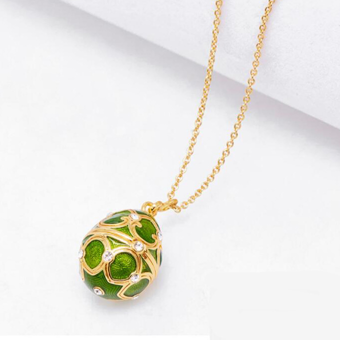 Enamel Handmade Faberge Easter Egg Pendant Necklace Jewelry Locket Brass Vintage Crystal Clover Inside Gift To Women Girls