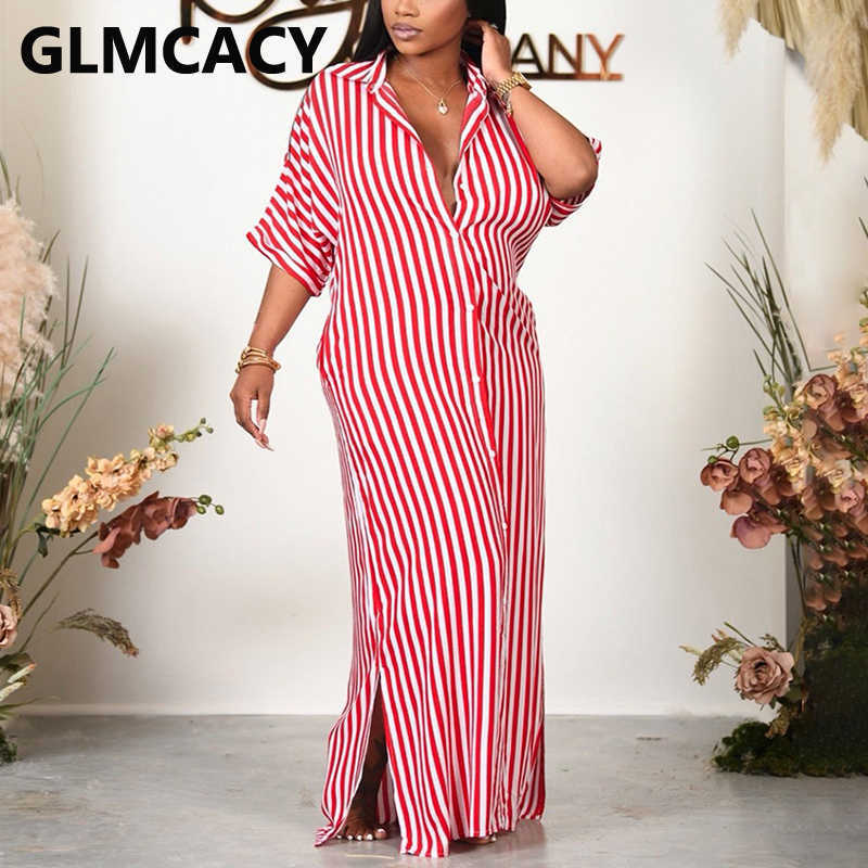 Short Sleeve Striped Button Down Maxi Dress Casual Loose Dress 210702