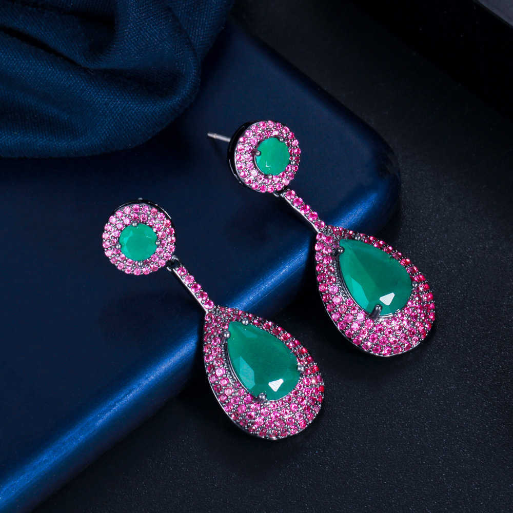 CWWZircons Micro Pave Pink Cubic Zirconia Green Emerald Dangle Water Drop Silver Engagement Party Earring for Women CZ868 210624